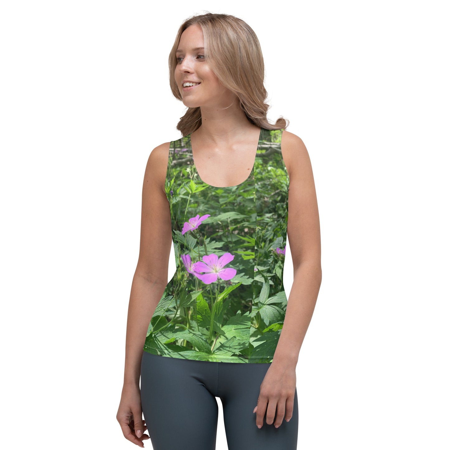 Women's Sublimation Cut & Sew Tank Top with overprint Camouflage outdoor colors green leafy and minimal purple wild flower