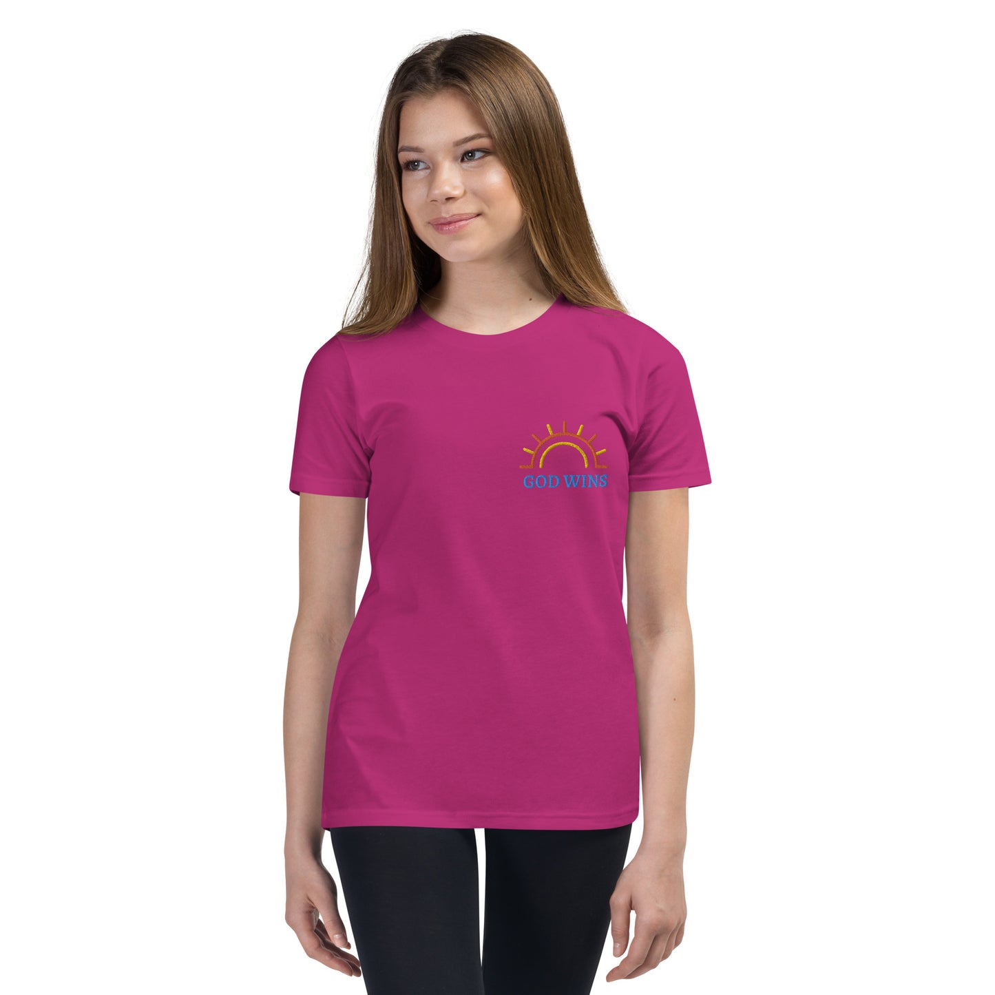 Youth Short Sleeve T-Shirt inspiring Half circle sunshine with God Wins embroidery text