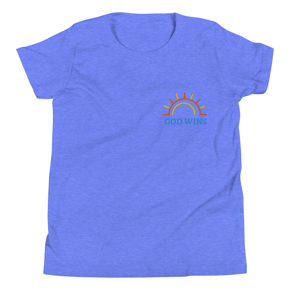 Youth Short Sleeve T-Shirt inspiring Half circle sunshine with God Wins embroidery text