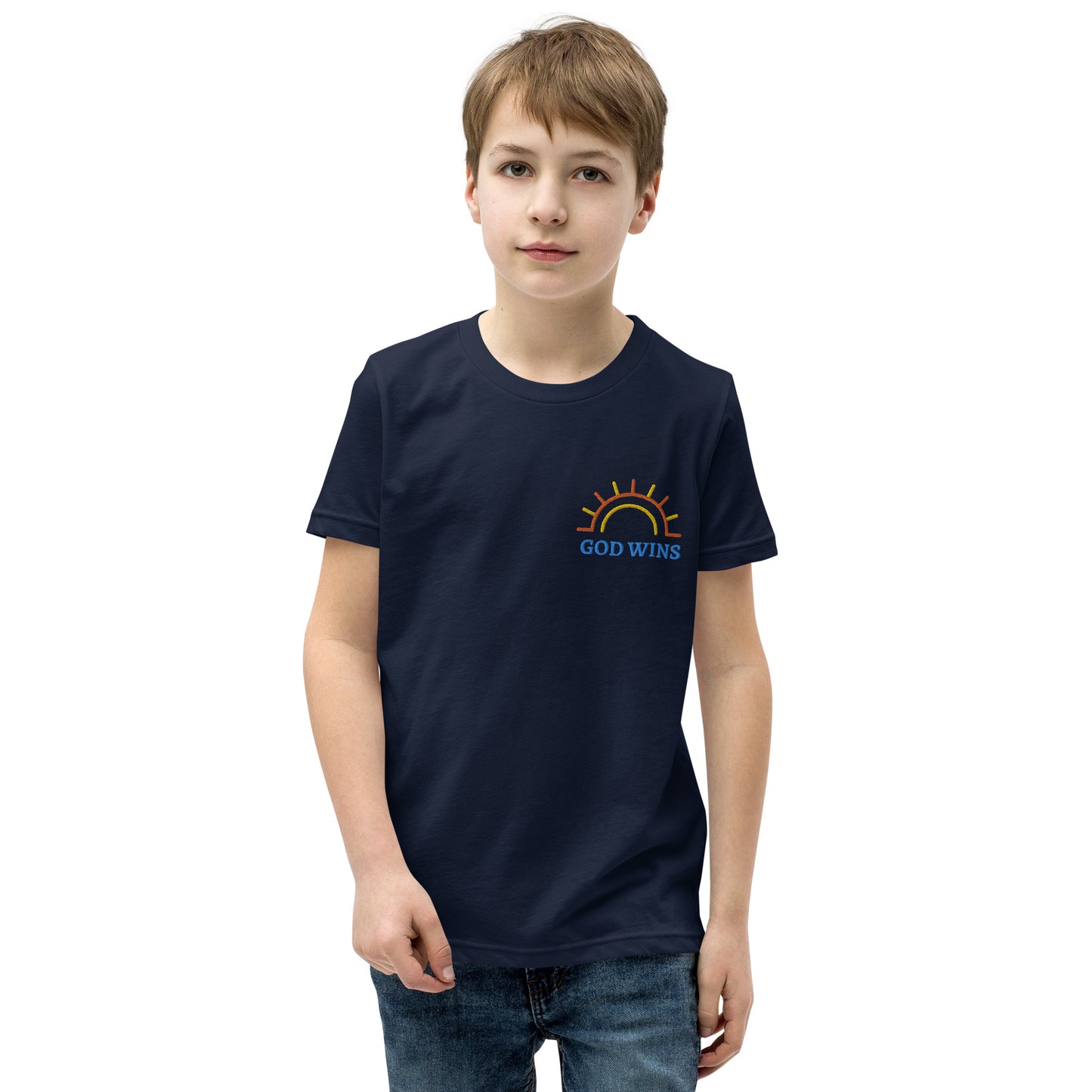 Youth Short Sleeve T-Shirt inspiring Half circle sunshine with God Wins embroidery text