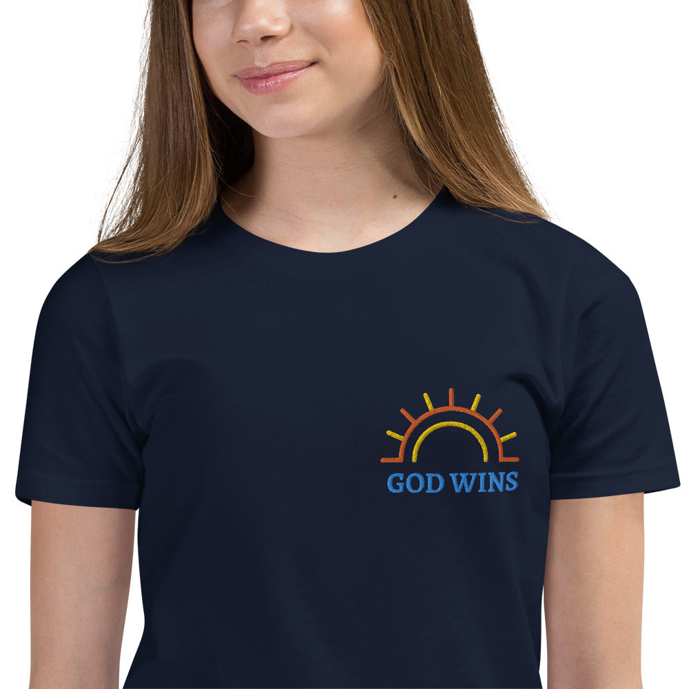 Youth Short Sleeve T-Shirt inspiring Half circle sunshine with God Wins embroidery text