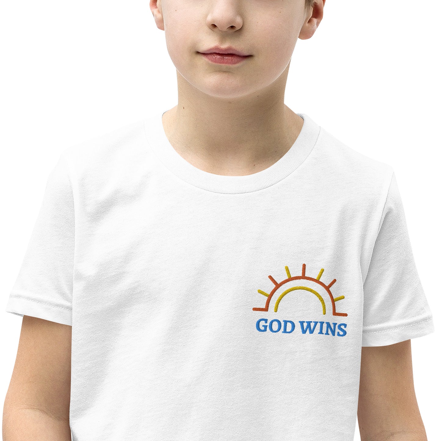 Youth Short Sleeve T-Shirt inspiring Half circle sunshine with God Wins embroidery text