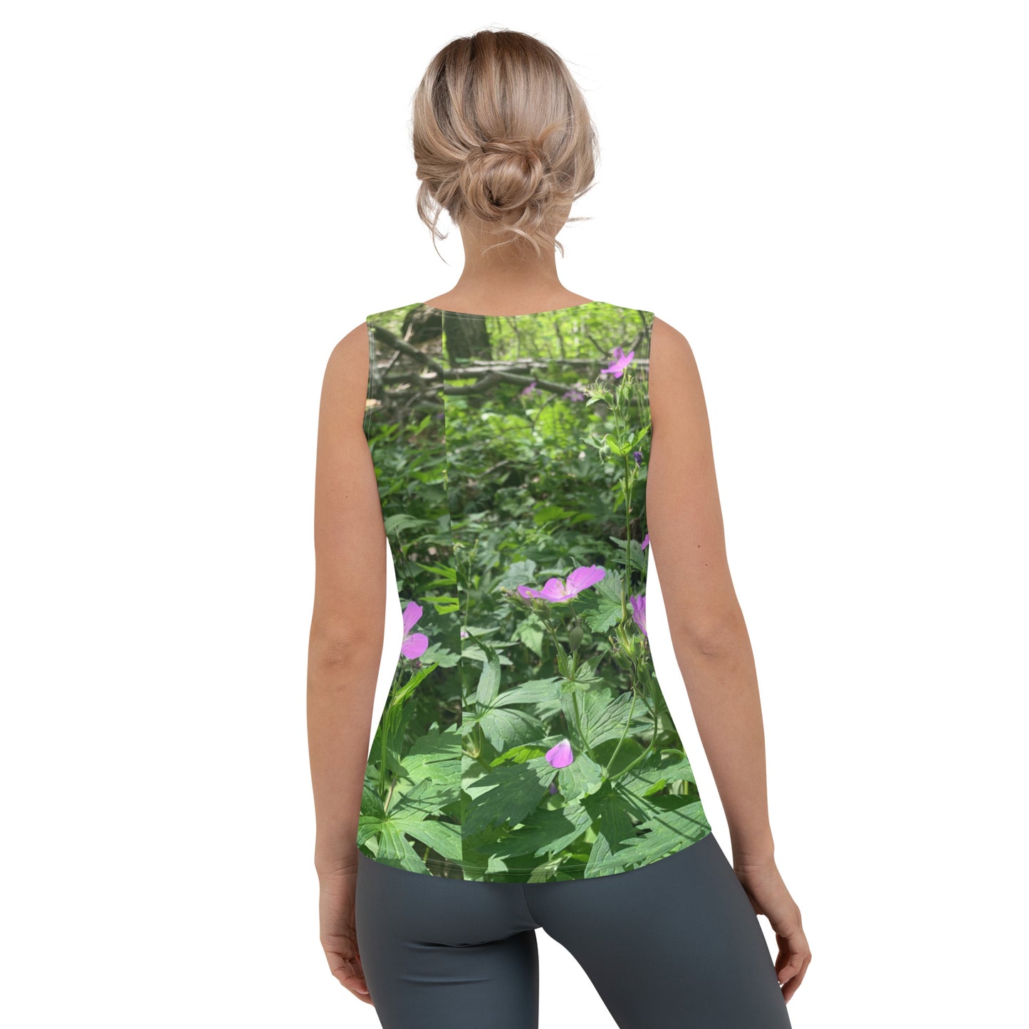 Women's Sublimation Cut & Sew Tank Top with overprint Camouflage outdoor colors green leafy and minimal purple wild flower