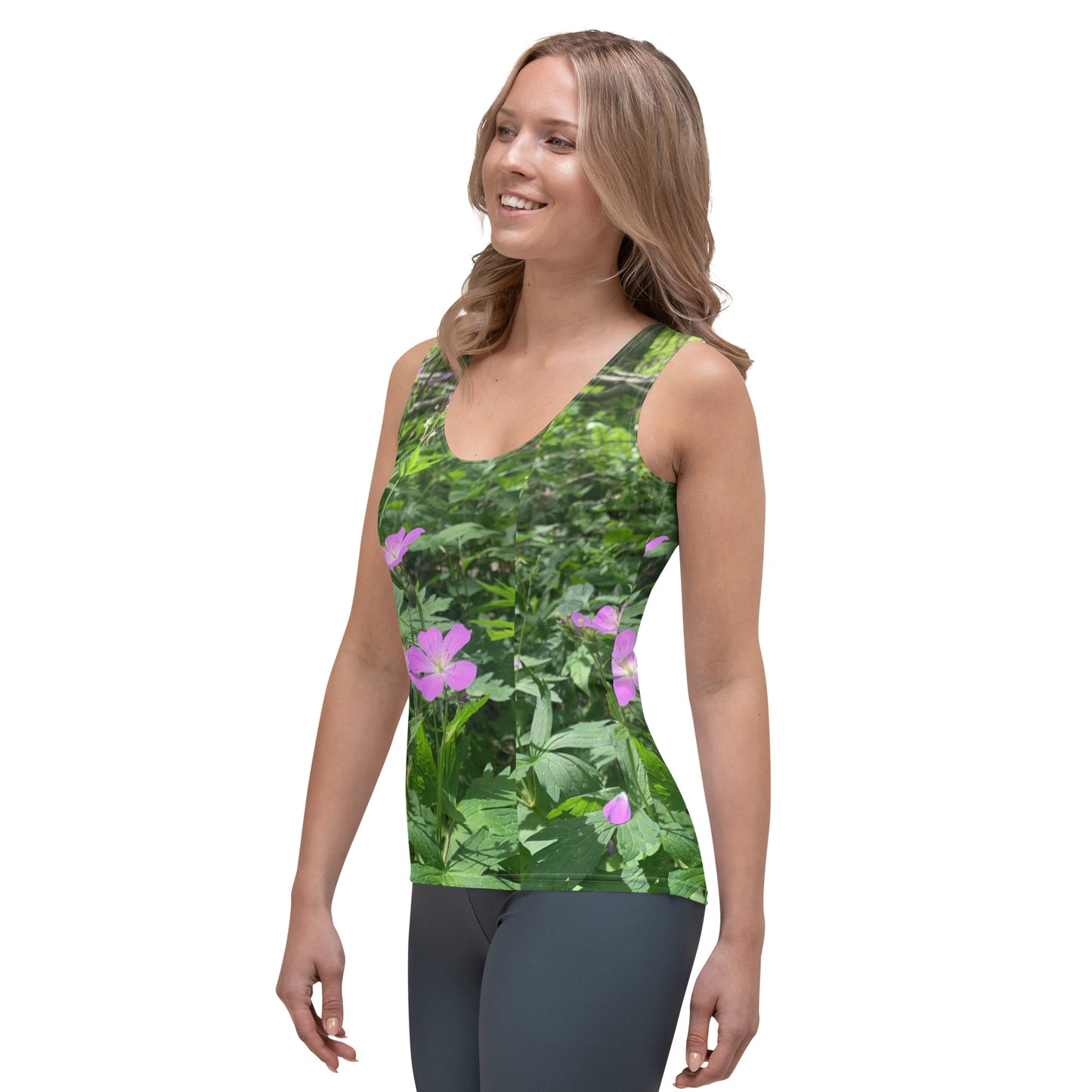 Women's Sublimation Cut & Sew Tank Top with overprint Camouflage outdoor colors green leafy and minimal purple wild flower