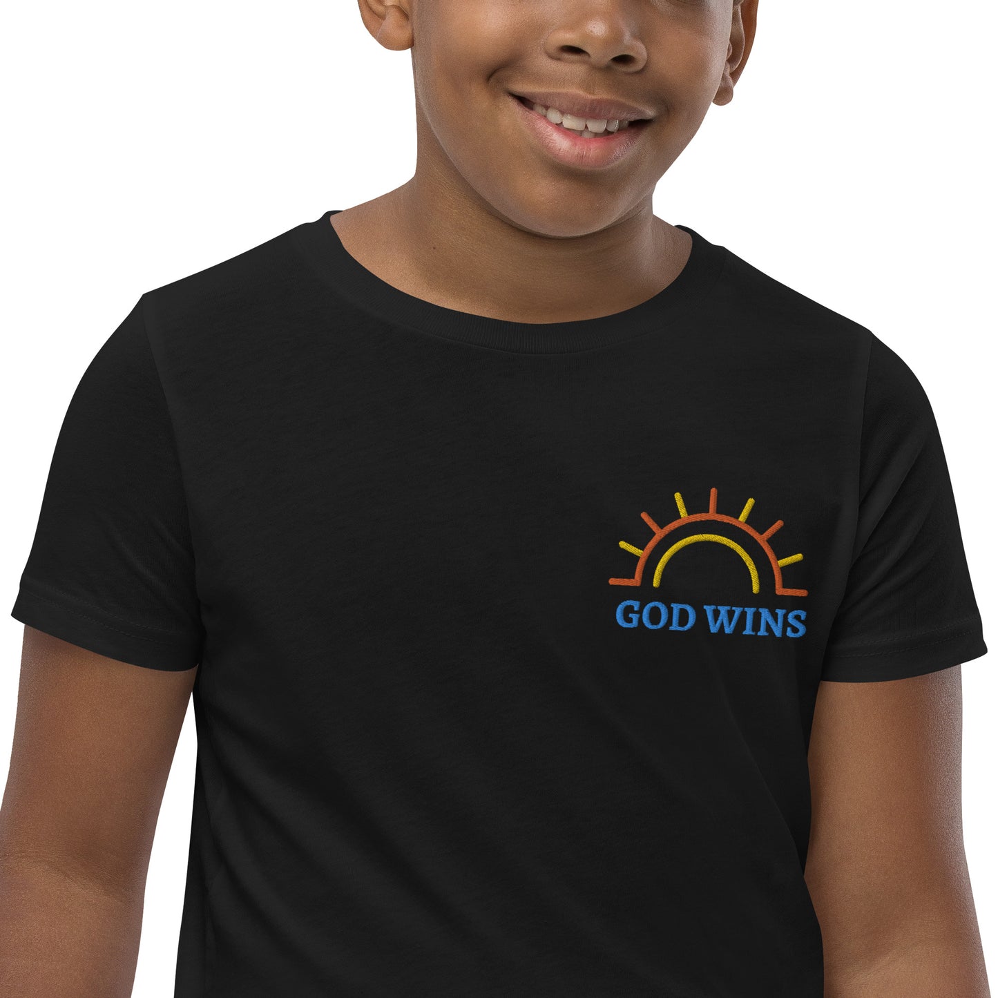 Youth Short Sleeve T-Shirt inspiring Half circle sunshine with God Wins embroidery text