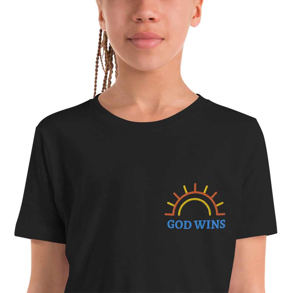 Youth Short Sleeve T-Shirt inspiring word God Wins with half circle sunshine embroidery text