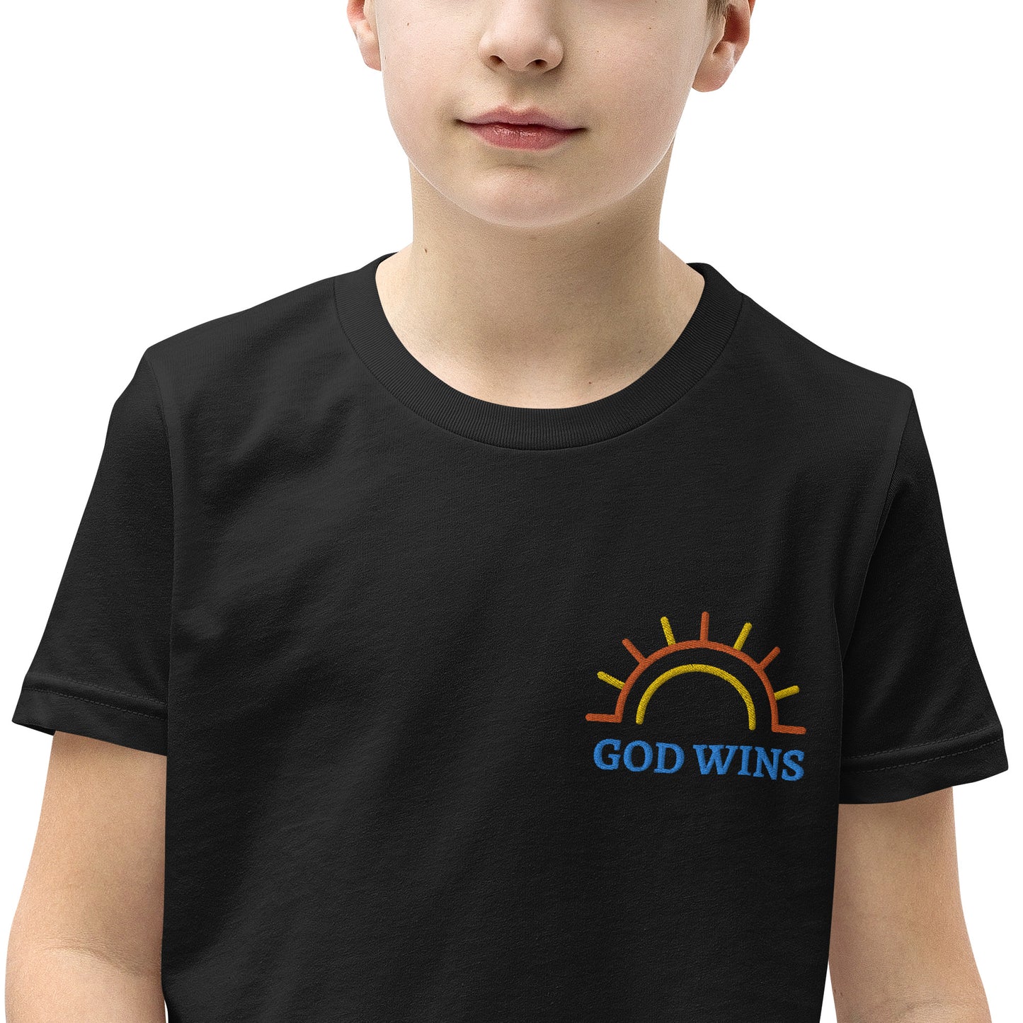 Youth Short Sleeve T-Shirt inspiring word God Wins with half circle sunshine embroidery text