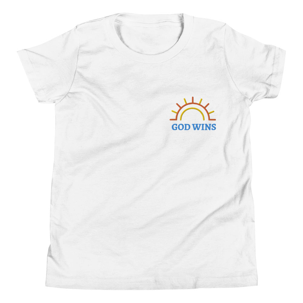 Youth Short Sleeve T-Shirt inspiring Half circle sunshine with God Wins embroidery text