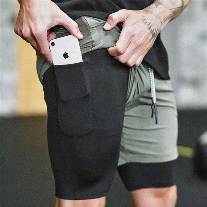 Men's 2 in 1 Running Shorts Jogging Gyms Fitness Training Quick Dry