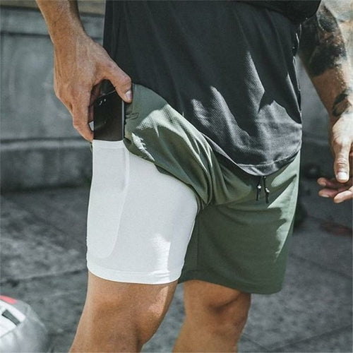 Men's 2 in 1 Running Shorts Jogging Gyms Fitness Training Quick Dry